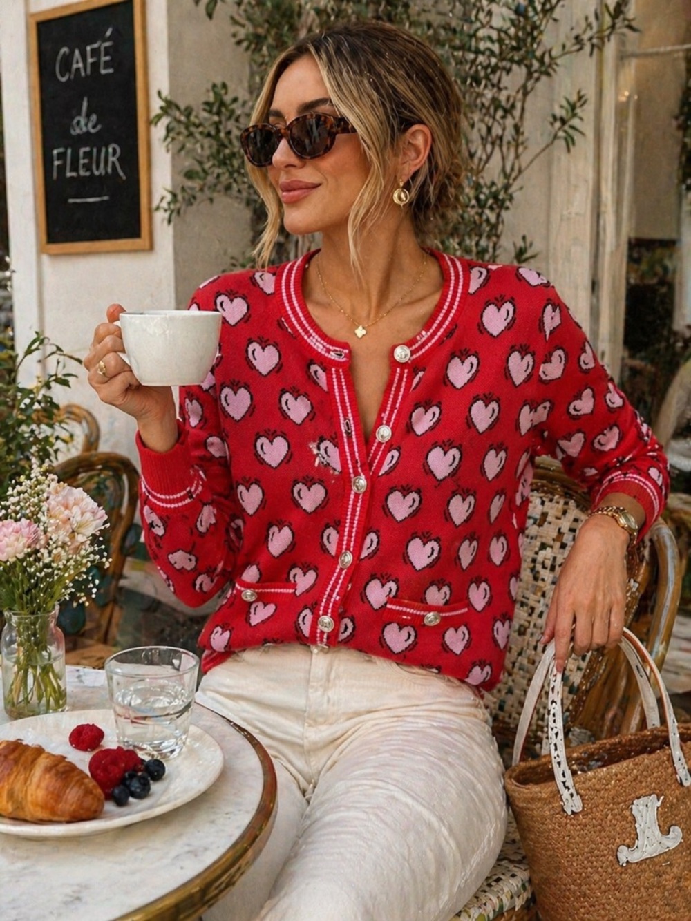 Scotch & Soda Heart Cardigan Red Pink Knit Sweater Size M Amsterdam Cute Preppy